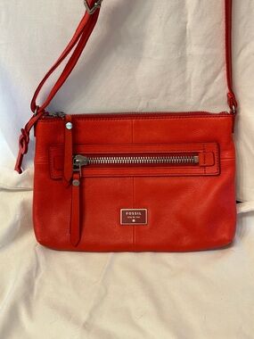 Fossil Red Leather Crossbody with Front Zip Detail